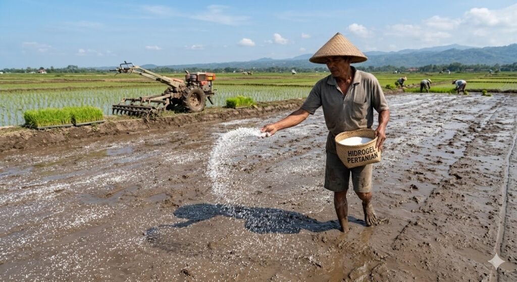 Aplikasi hydrogel setelah penggaruan terakhir pada sawah siap tanam