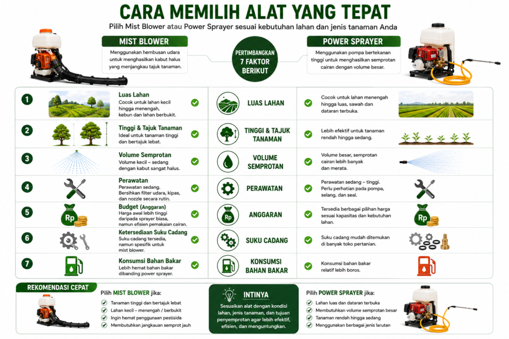 Faktor yang perlu dipertimbangkan saat memilih mist blower atau power sprayer