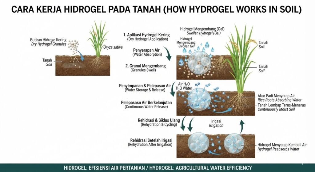 Ilustrasi cara kerja hydrogel menyerap dan melepaskan air di sekitar akar tanaman.