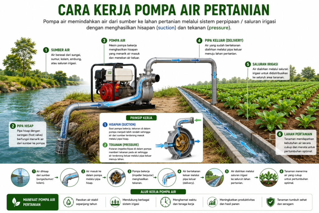 Ilustrasi cara kerja pompa air pertanian dari sumber air ke lahan