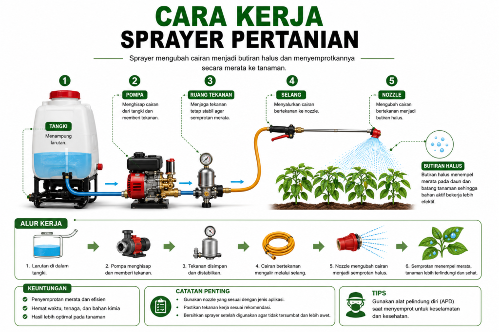 Ilustrasi cara kerja sprayer pertanian menghasilkan butiran semprot Prompt 