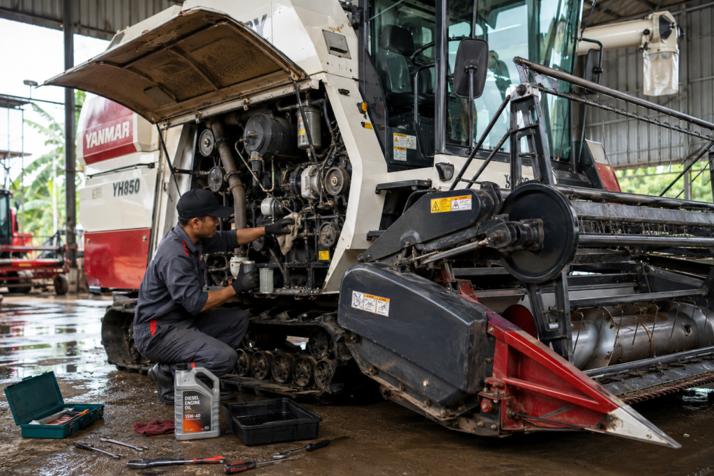 Mekanik melakukan perawatan combine harvester