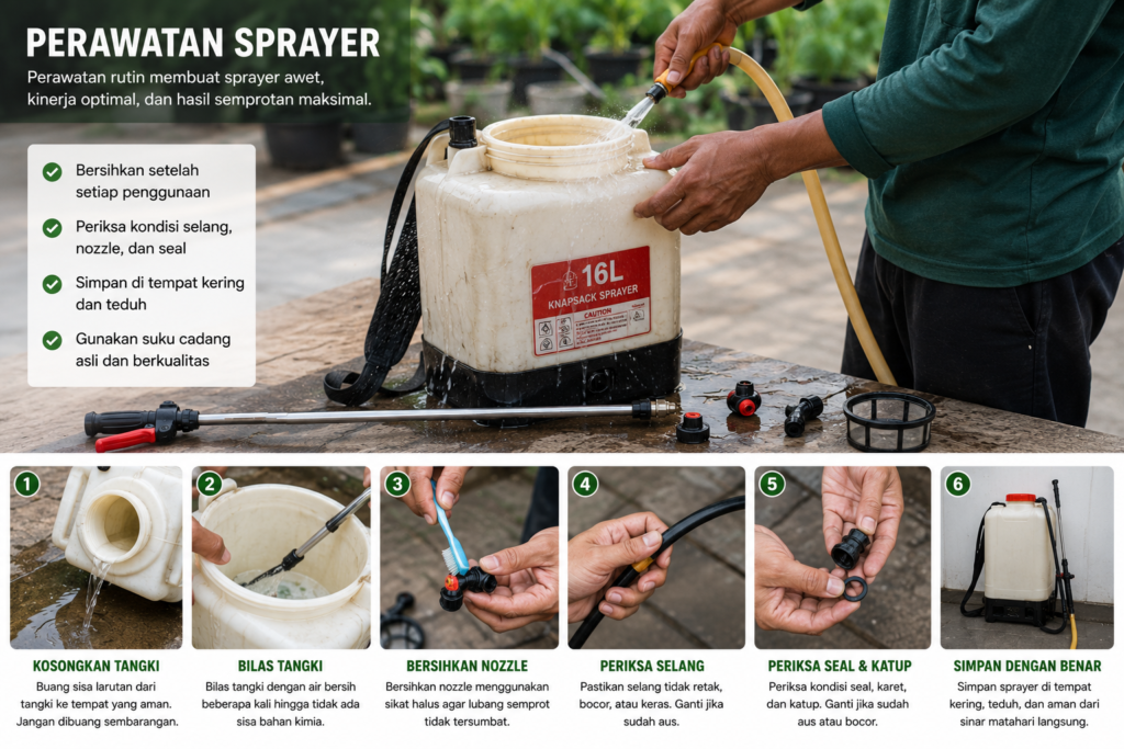 Membersihkan nozzle dan tangki sprayer setelah digunakan