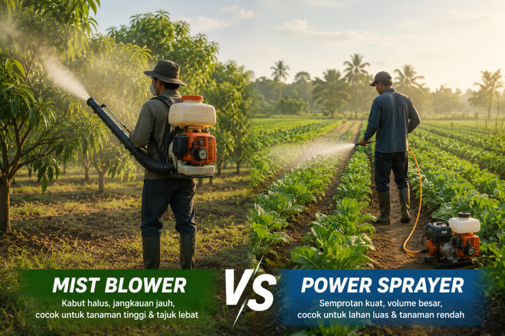 Mist blower vs power sprayer digunakan petani di lahan pertanian