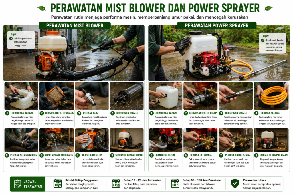Perawatan rutin mist blower dan power sprayer setelah digunakan