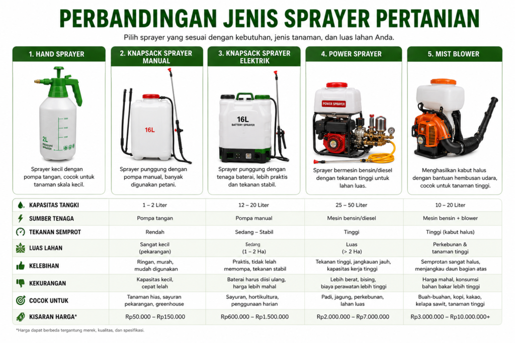 Perbandingan hand sprayer, knapsack manual, knapsack elektrik, power sprayer, dan mist blower