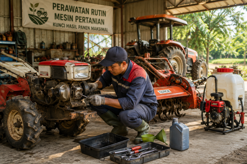 Petani melakukan perawatan rutin mesin pertanian sebelum digunakan di lahan