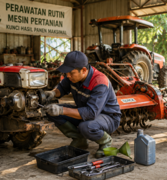 Petani melakukan perawatan rutin mesin pertanian sebelum digunakan di lahan