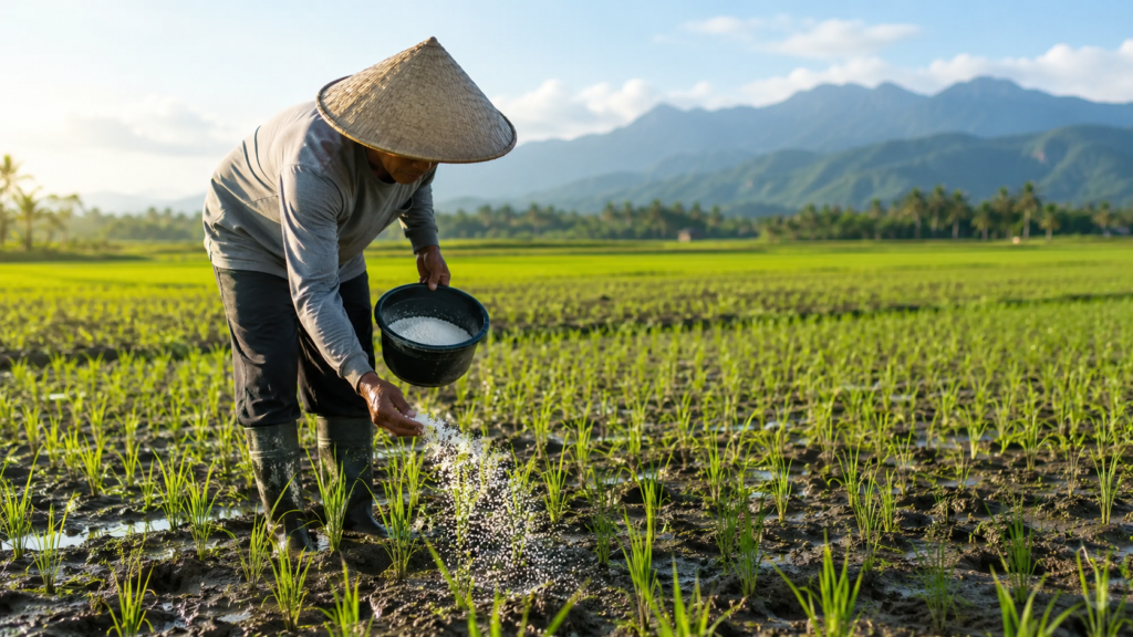 Petani mengaplikasikan hydrogel pada lahan padi saat musim kemarau.
