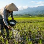 Petani mengaplikasikan hydrogel pada lahan padi saat musim kemarau.