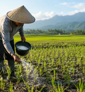 Petani mengaplikasikan hydrogel pada lahan padi saat musim kemarau.