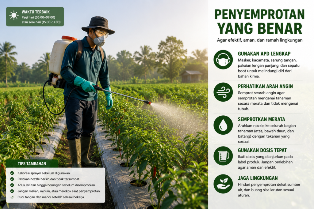 Petani menggunakan APD saat menyemprot tanaman dengan sprayer