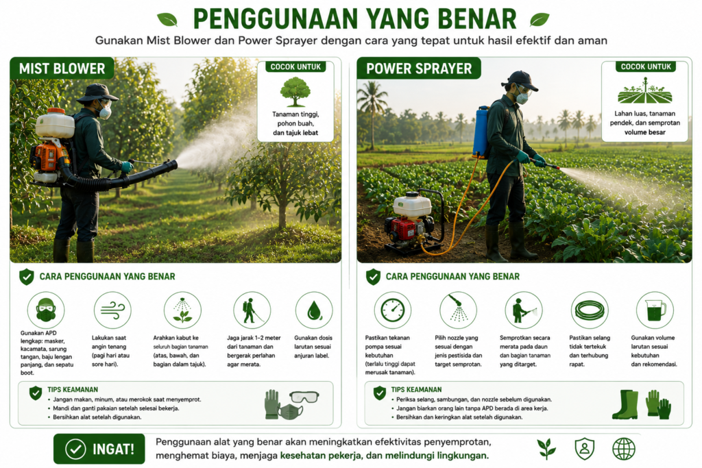 Petani menggunakan mist blower dan power sprayer dengan alat pelindung diri