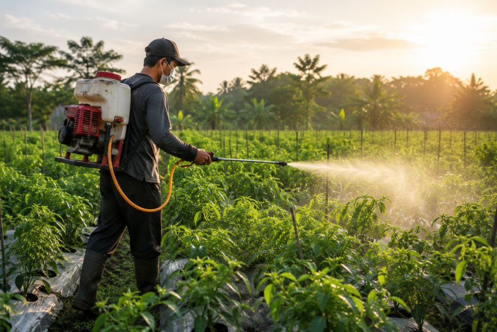 Petani menyemprot tanaman menggunakan power sprayer di lahan pertanian
