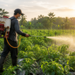 Petani menyemprot tanaman menggunakan power sprayer di lahan pertanian