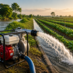 Pompa air pertanian mengalirkan air ke lahan pertanian melalui sistem irigasi