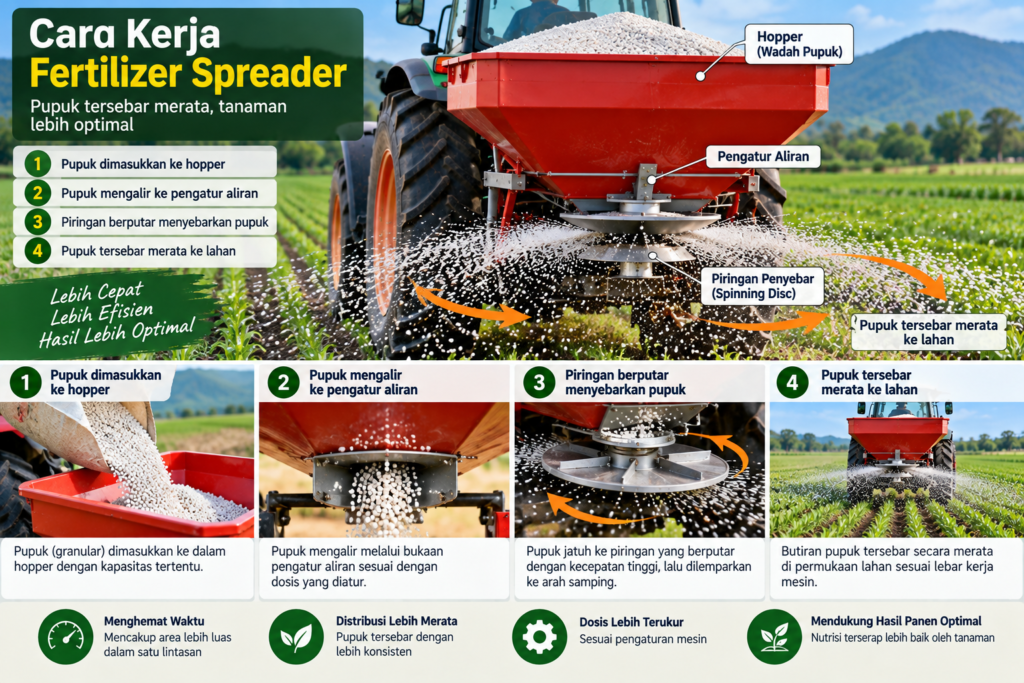 Cara kerja fertilizer spreader menyebarkan pupuk granular