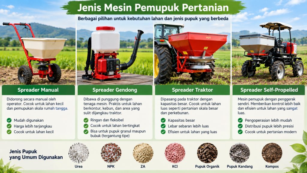 Jenis mesin pemupuk pertanian dan fertilizer spreader