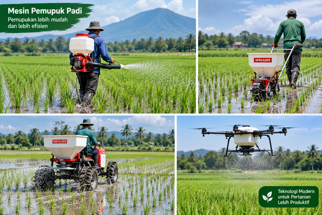 Mesin pemupuk padi digunakan di lahan sawah